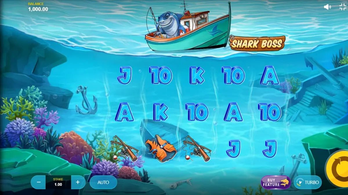 Shark Boss slot game interface showing the shark fishing on a boat